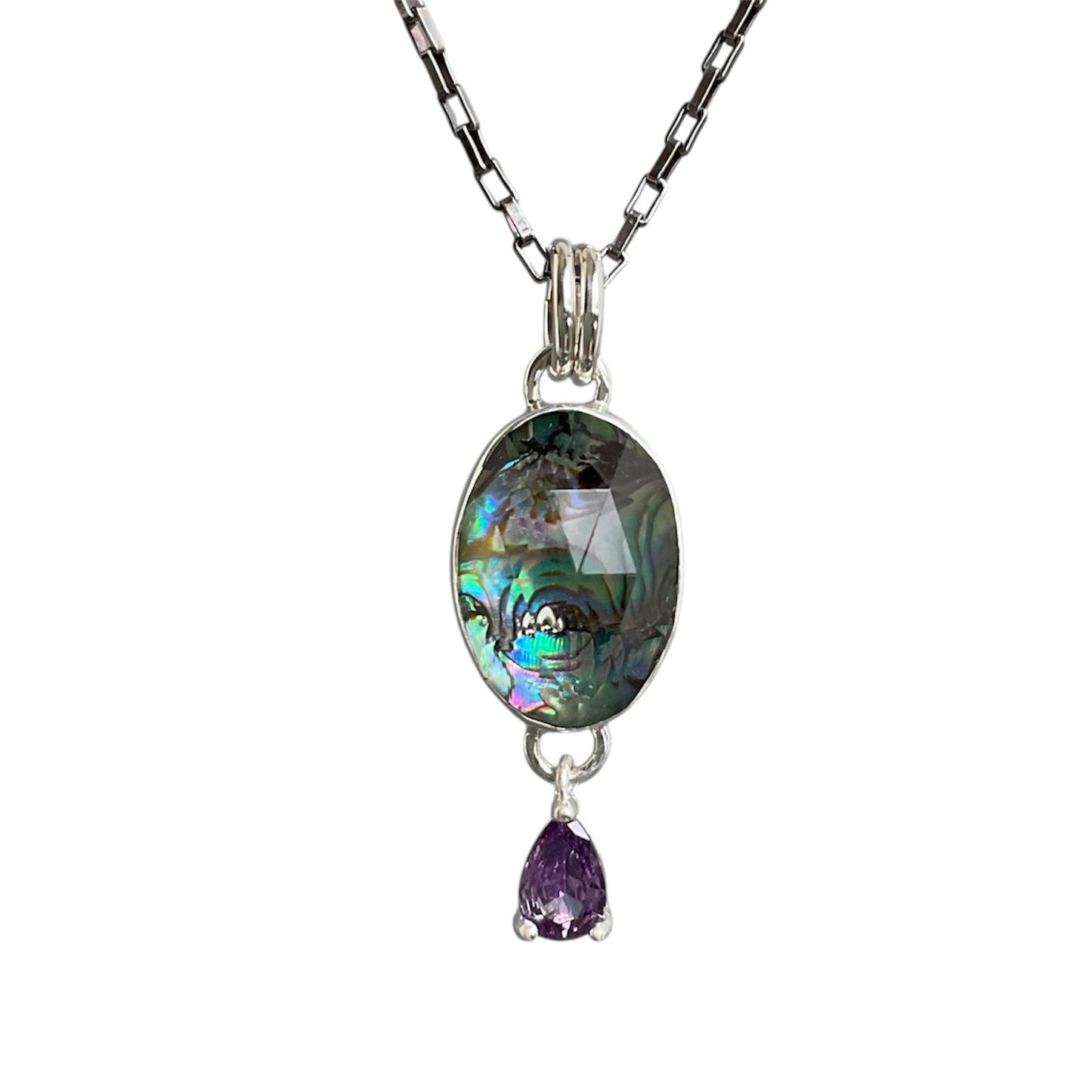 Necklace with a blue green stone and purple drop underneath