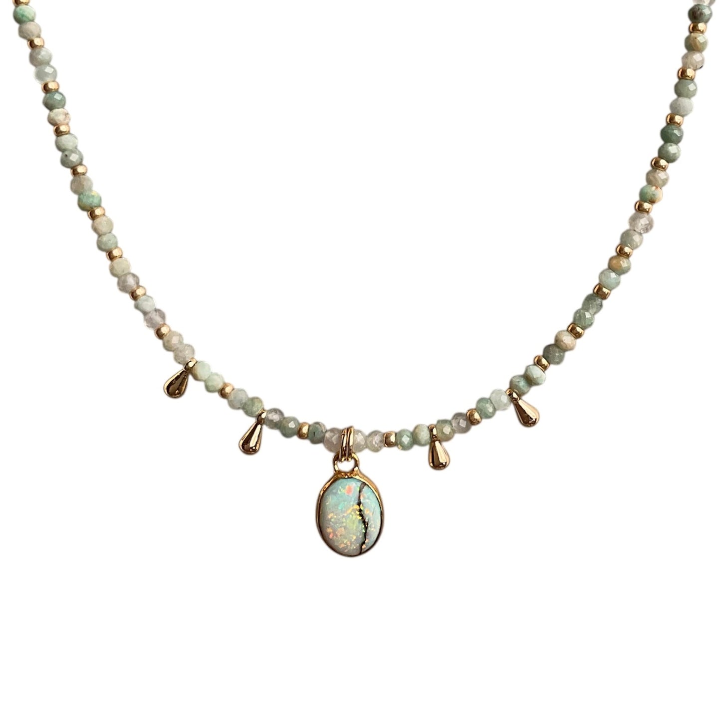 Larimar and aquamarine beaded necklace with a sterling opal gemstone and gold tear drops.