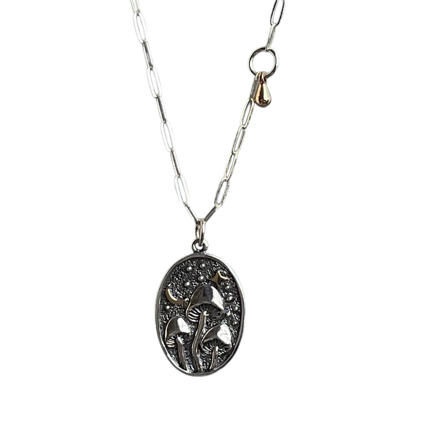 Silver necklace with an oval pendant on a white background