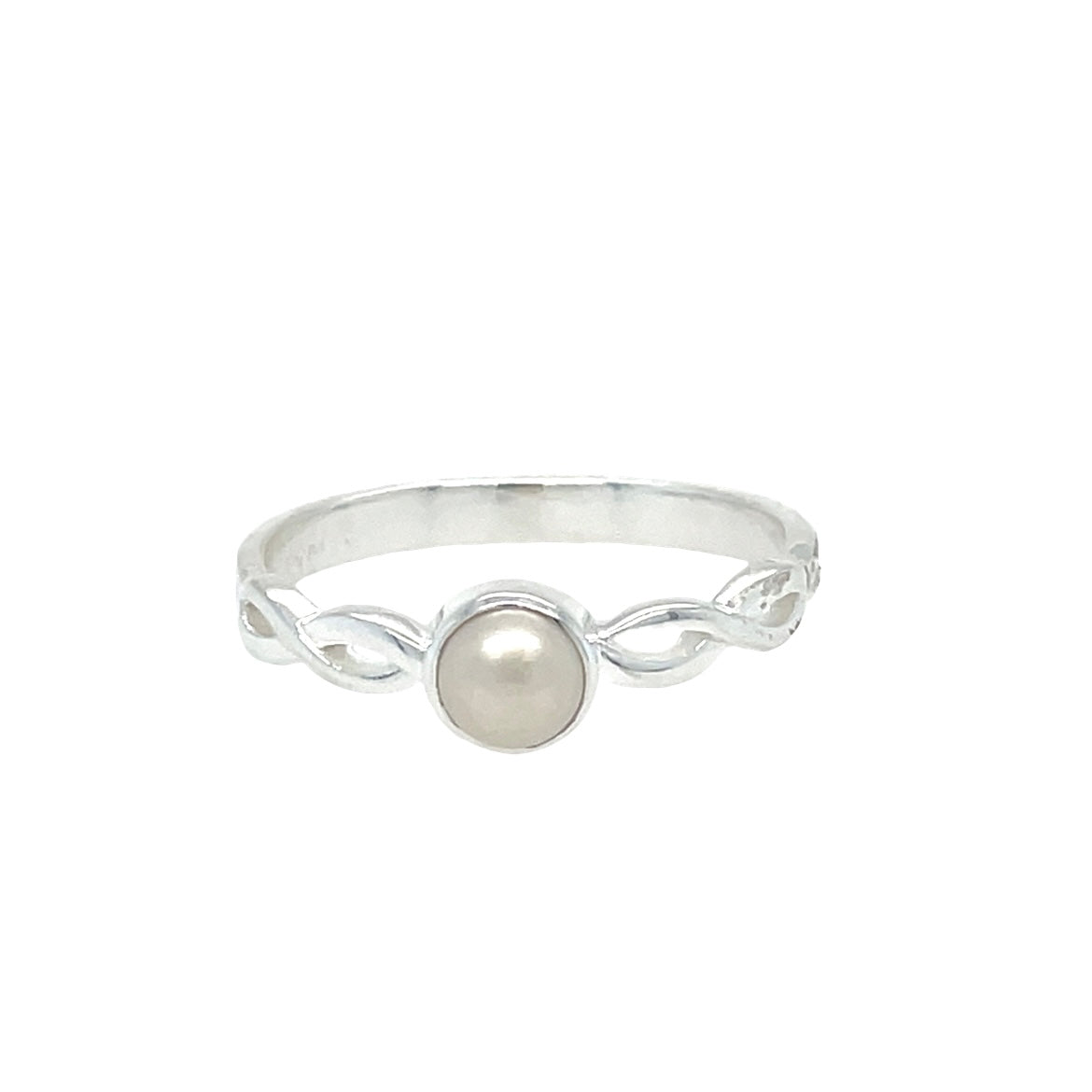 Silver ring with a pearl on a white background