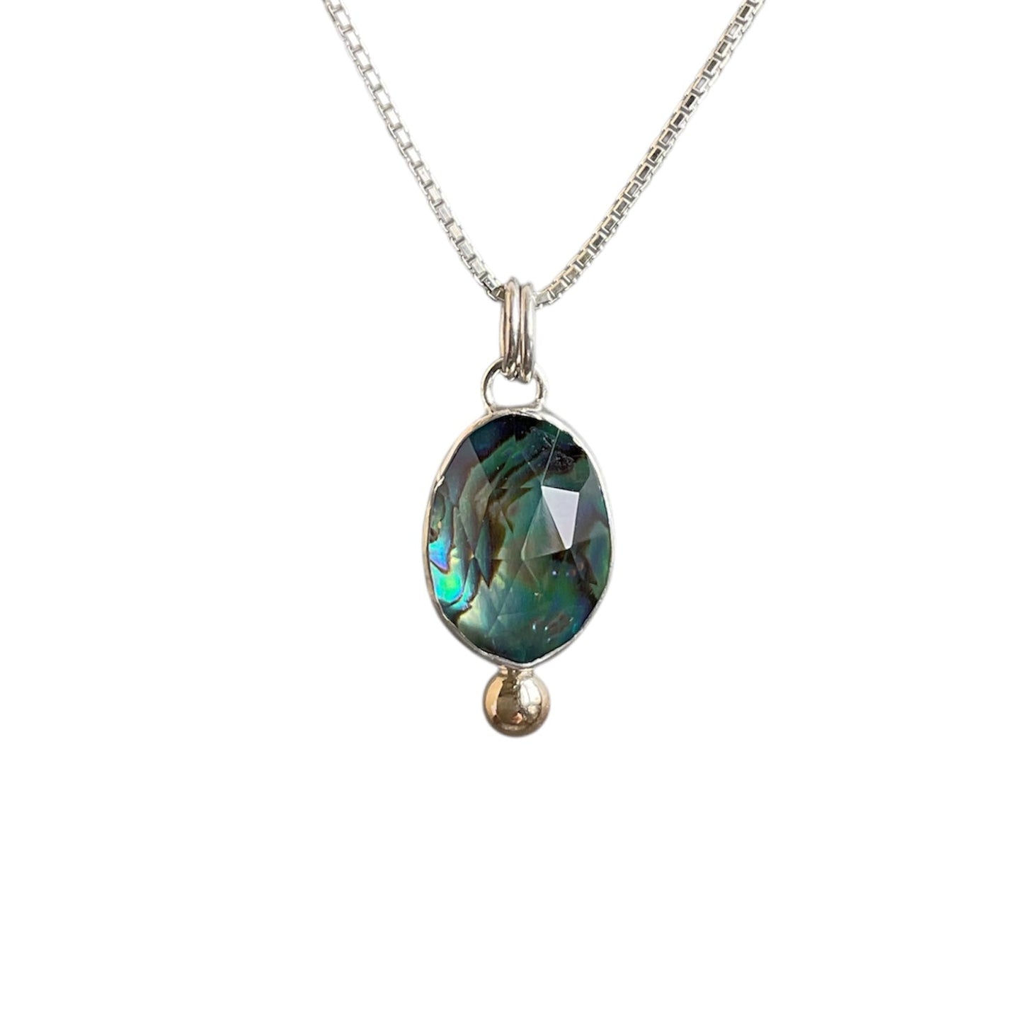 Abalone quartz doublet gemstone bezel set in sterling silver with a 14k yellow gold bead drop at the bottom. Solid sterling silver setting and chain.