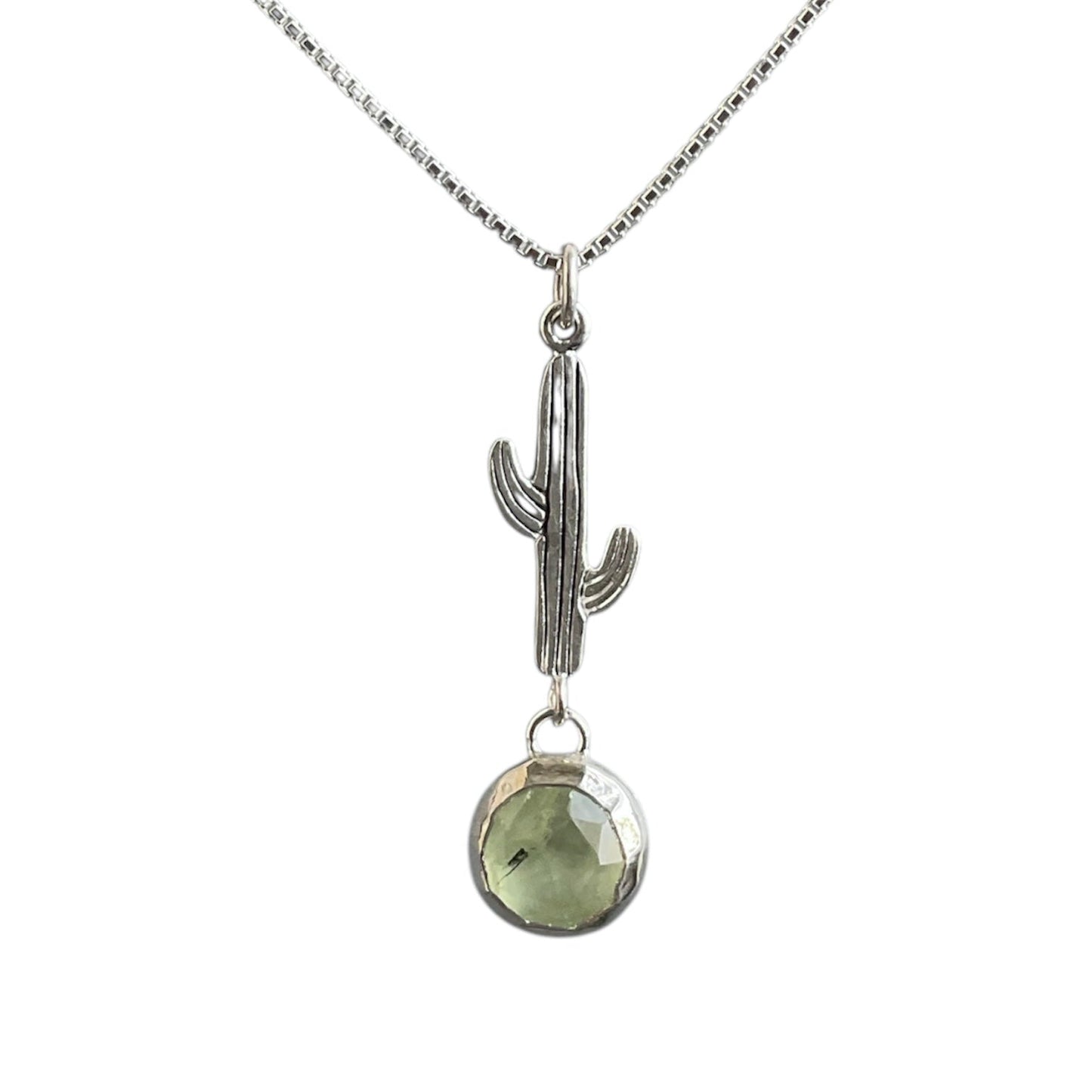 A sterling silver Saguaro cactus charm with a bezel set prehnite gemstone drop underneath. Solid sterling silver setting and chain. great for daily wear.