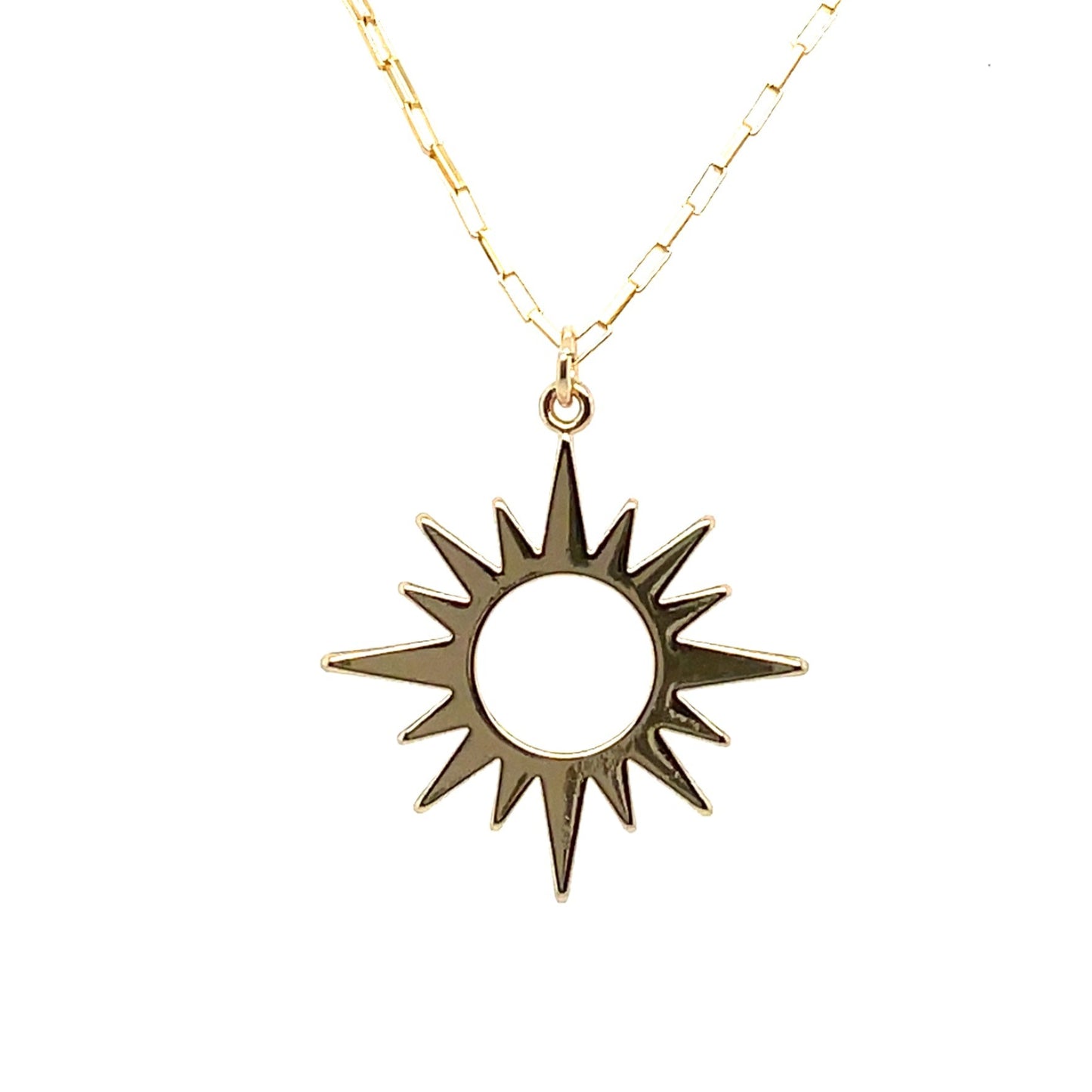Small open star sun charm hangs on a 14k gold-filled chain on a photo-box white background.