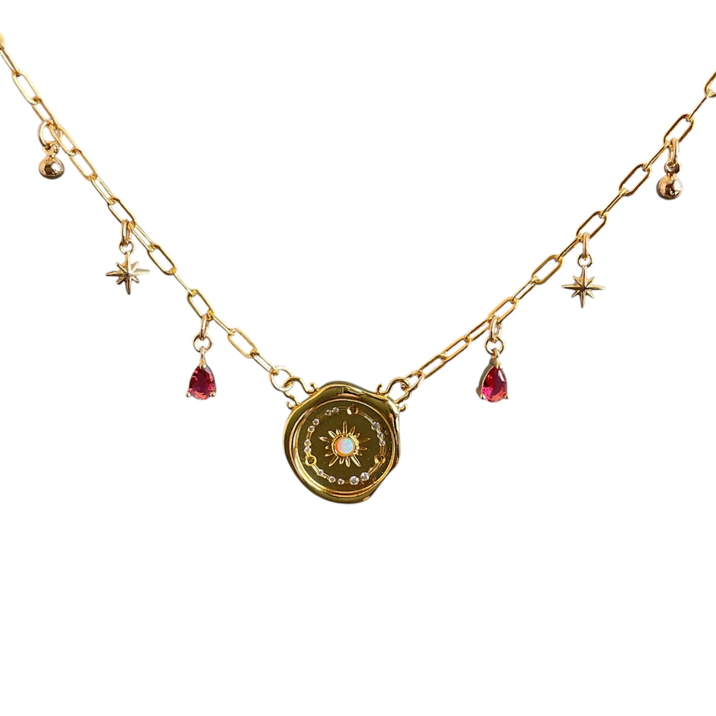 Gold necklace with a lock pendant and star and heart charms on a white background