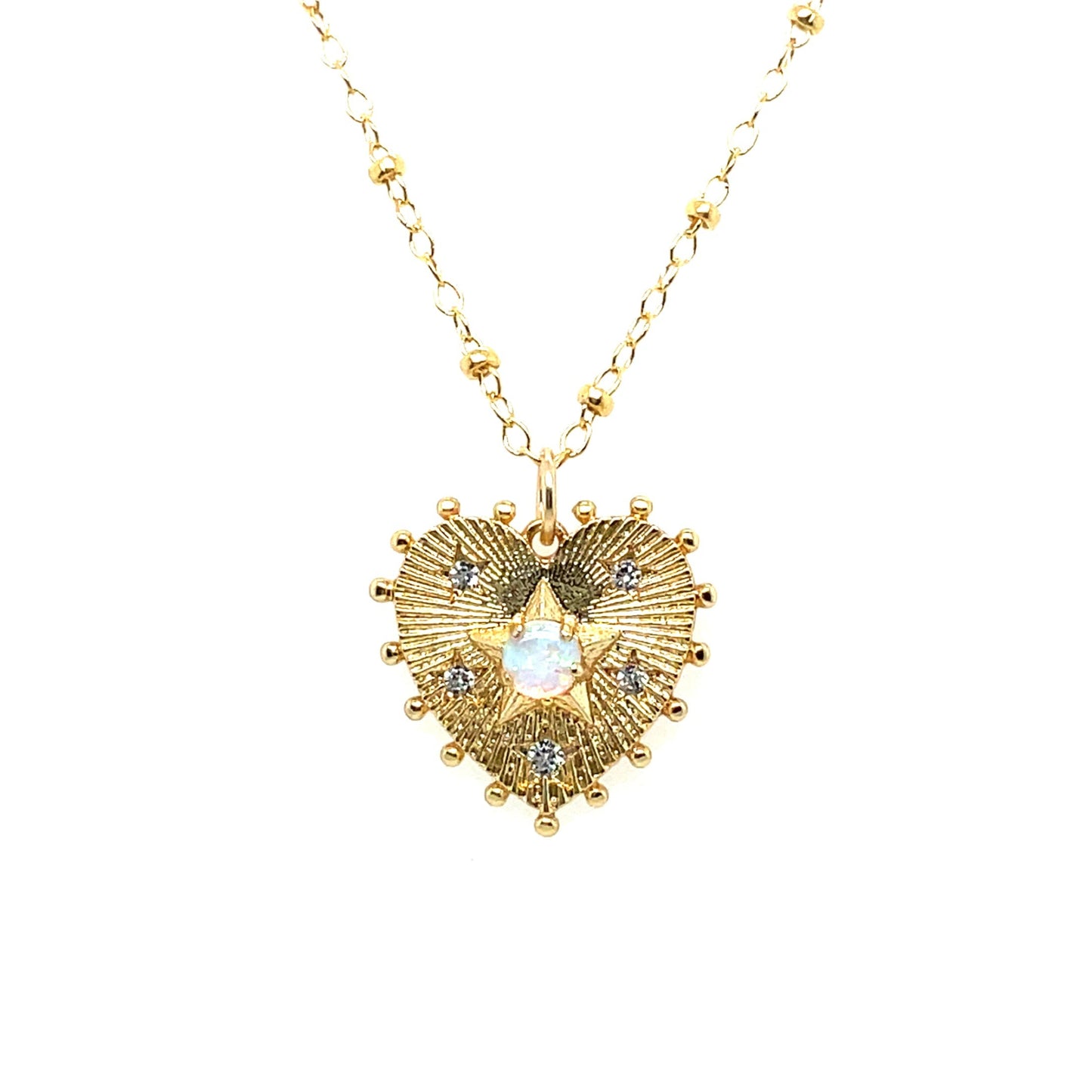 Flirty heart pendant with an opal accent stone and beaded border on 14k gold-filled chain.