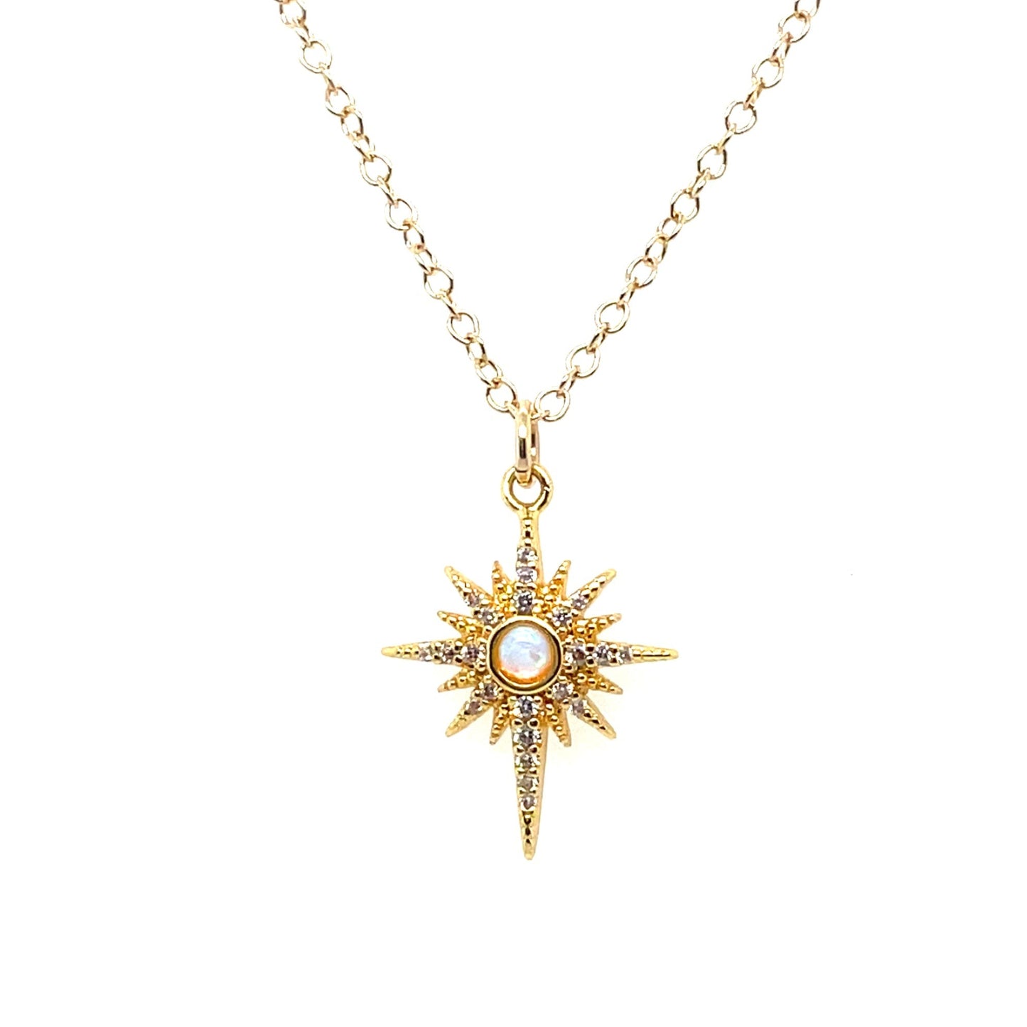 Beautiful opal north star pendant with cubic zirconia on 14k gold-filled chain.