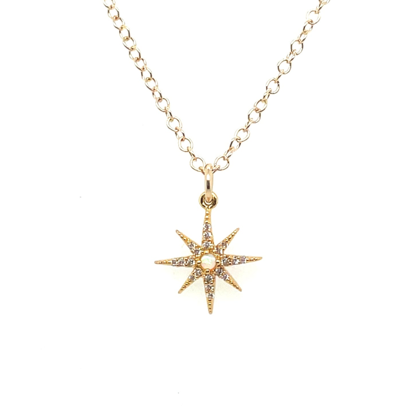 Beautiful opal star necklace with pave set cubic zirconia stones on a 14k gold-filled chain.