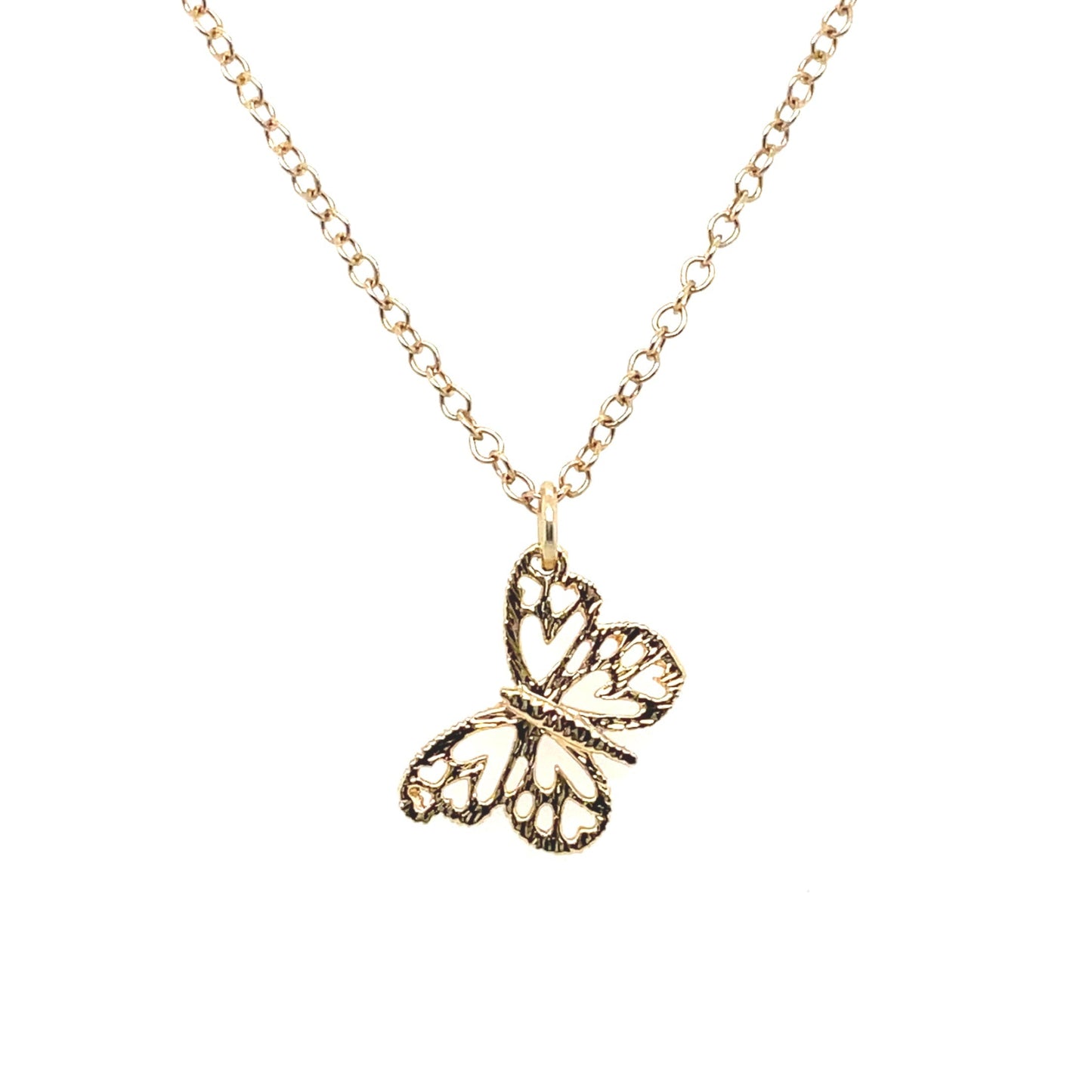 Lacey butterfly charm on a 14k gold-filled chain.