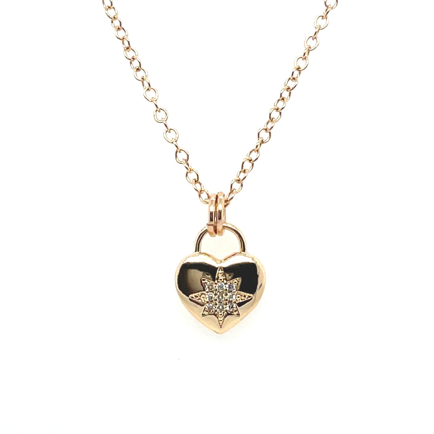 Heart padlock necklace with cubic zirconia stones on a 14k gold-filled chain.