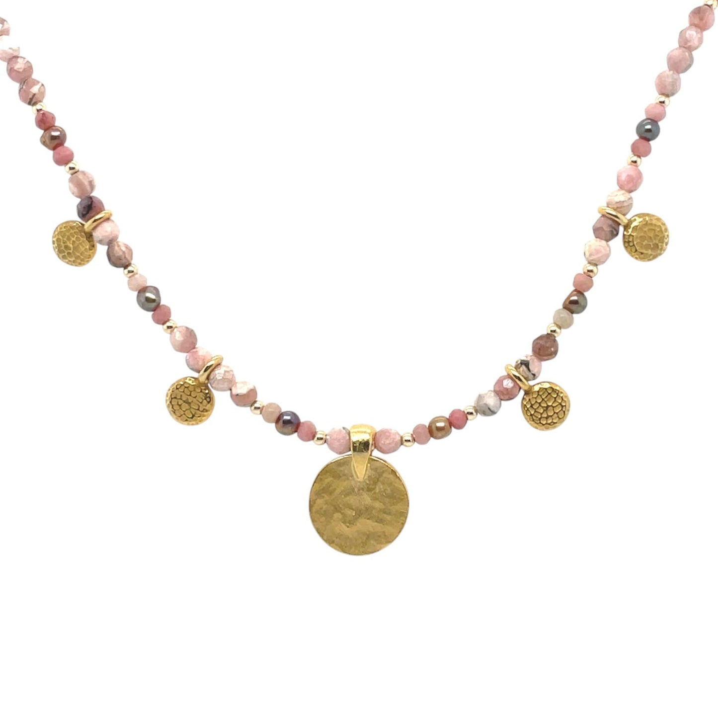 An earthy and warm pink opal and rhodochrosite beaded necklace with14k gold over brass hammered coin charms and pendant.