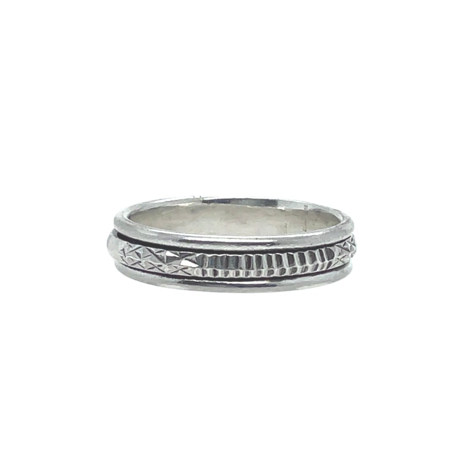 Sterling silver spinner ring with a patterned band that spins freely around a polished band.