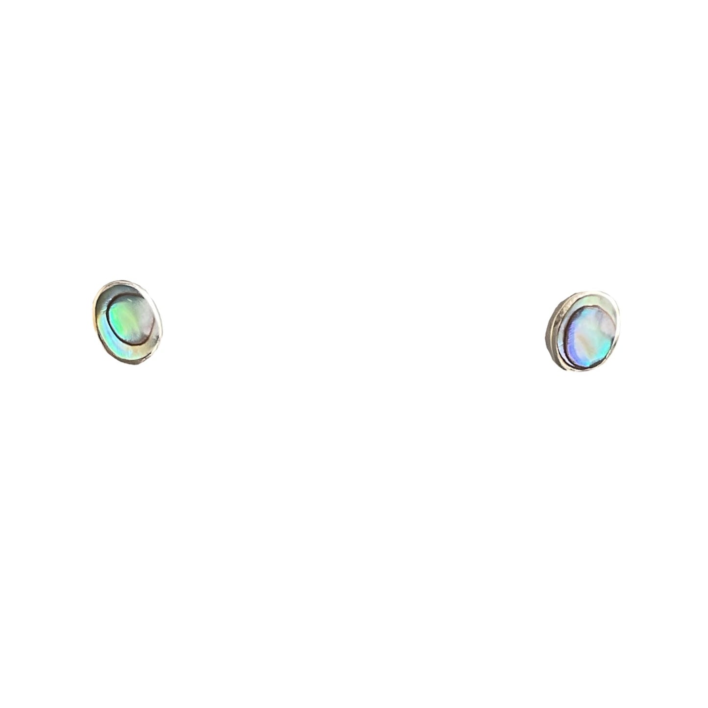Smooth 5 x 7mm oval abalone gemstones bezel set in sterling silver on posts and nuts.