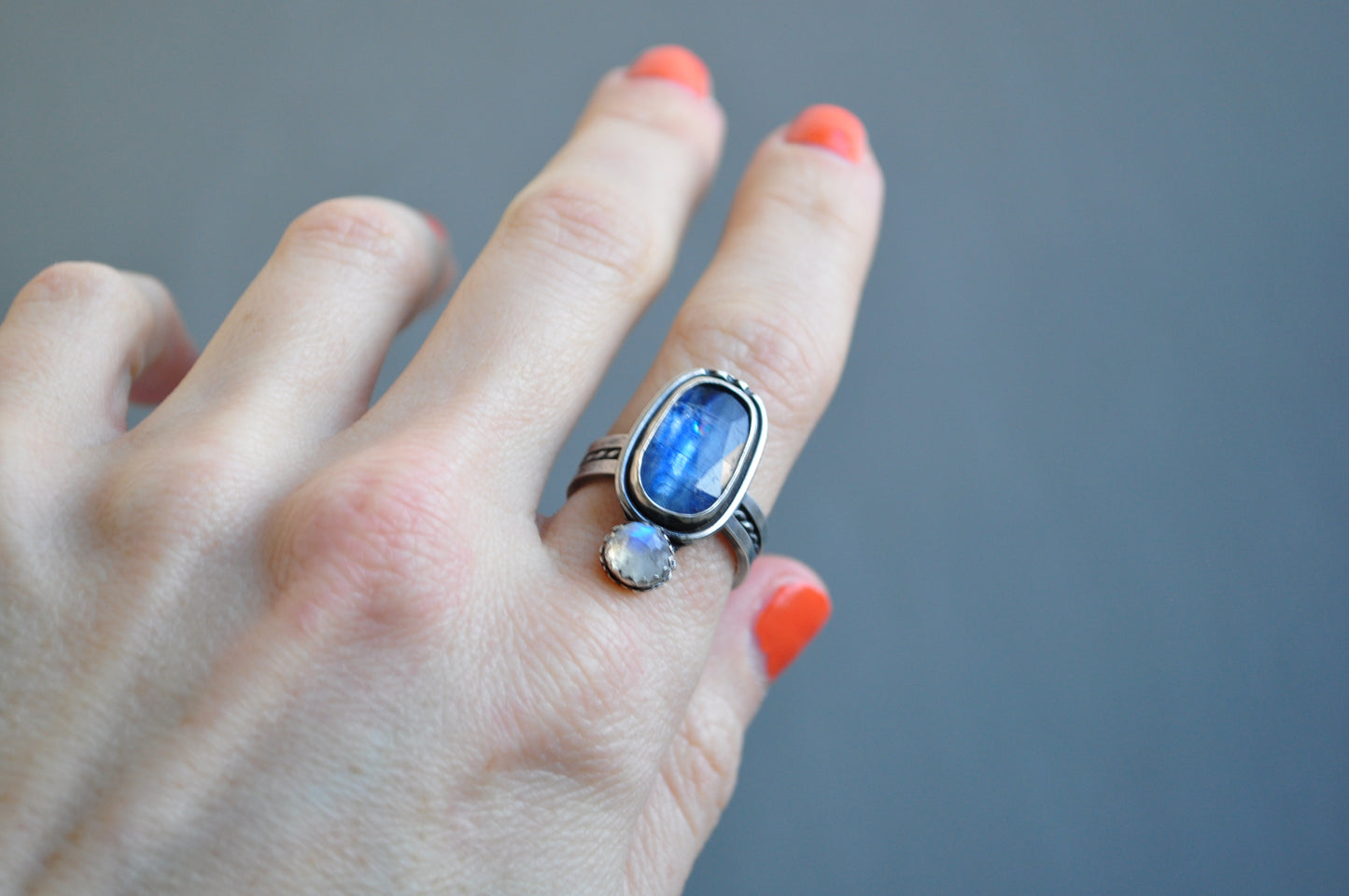Kyanite and Moonstone Ring—Size 6.5