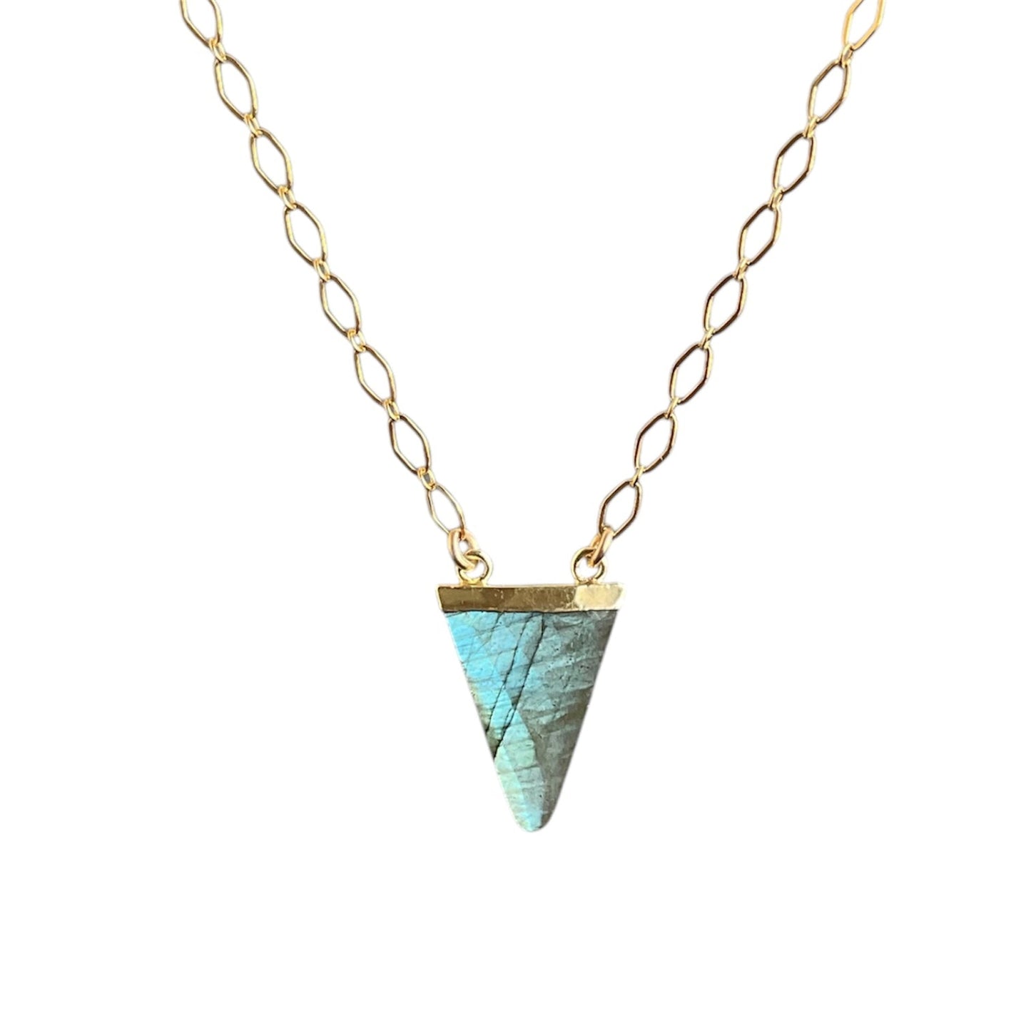 Flashy Labradorite triangle centered on a 14k gold filled diamond cut necklace chian.