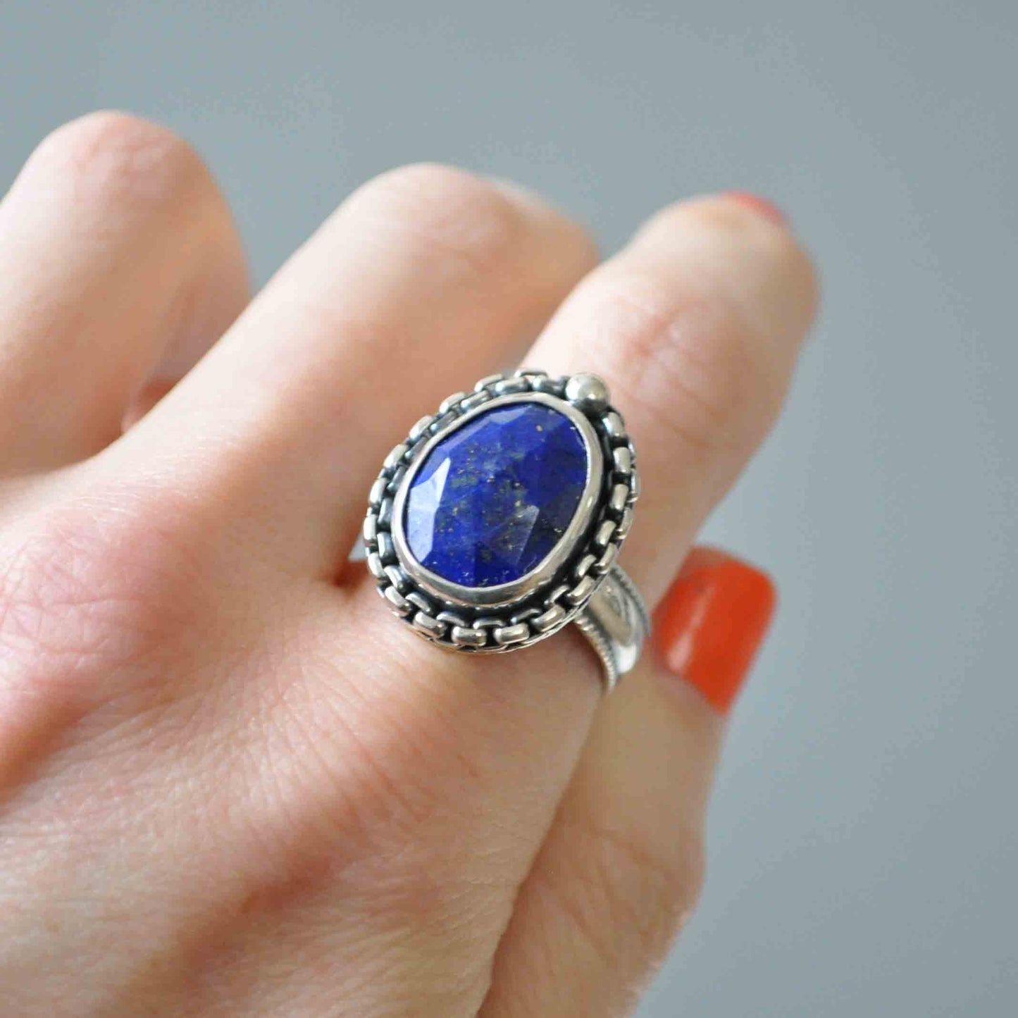 Lapis Box Chain Ring—Size 9.5