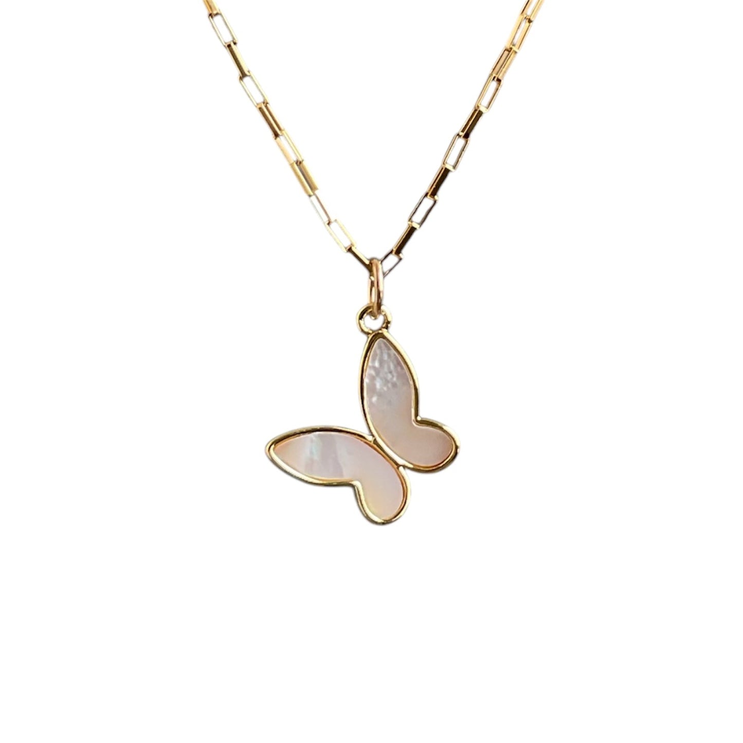 Lustrous white mother of pearl set into butterfly wings on a 14k gold-filled chain.