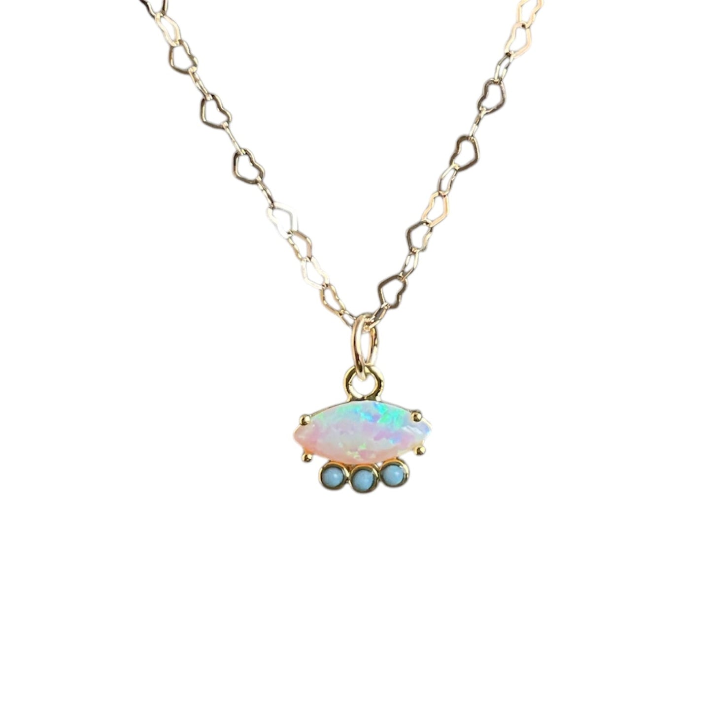 Flashy opal gemstones set horizontally with 3 blue turquoise stones underneath on a 14k gold-filled chain.