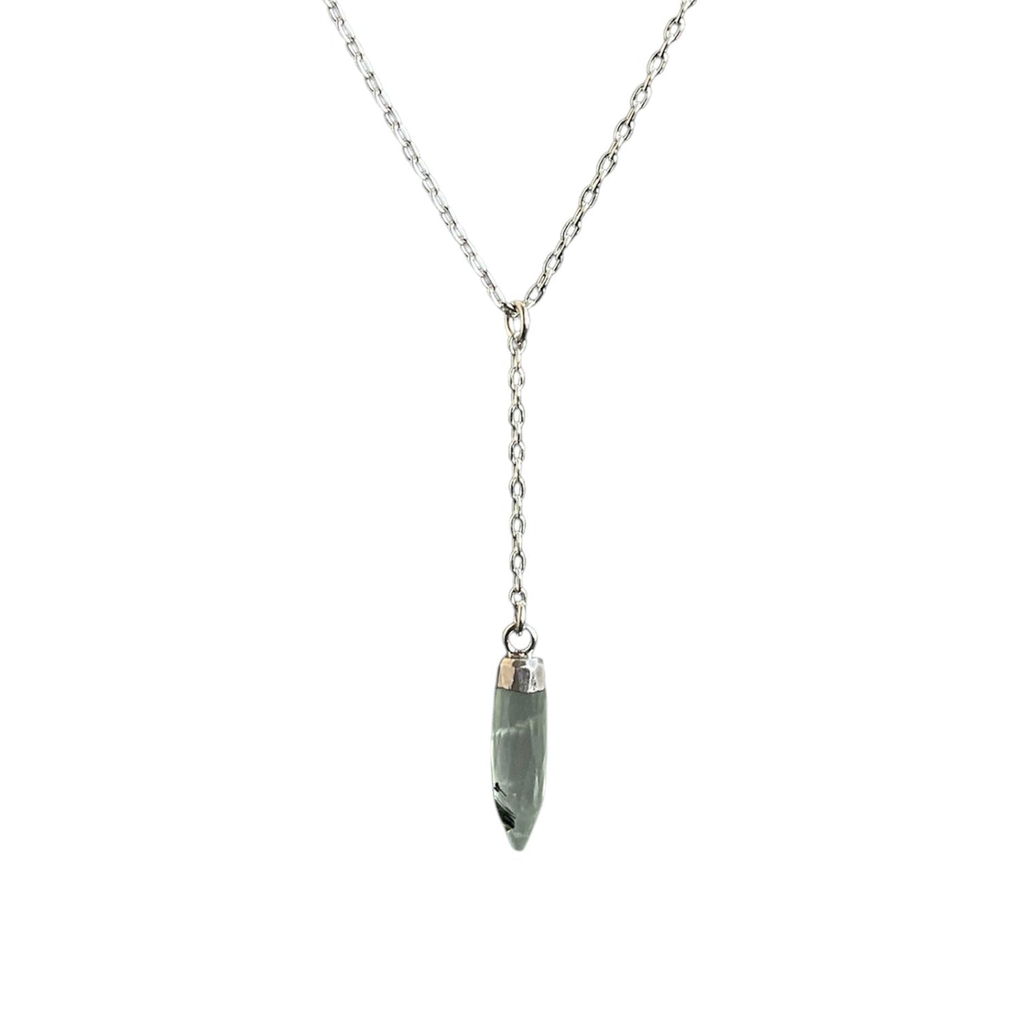 Sterling silver lariat style chain necklace with a gemstone drop dangling in the center.