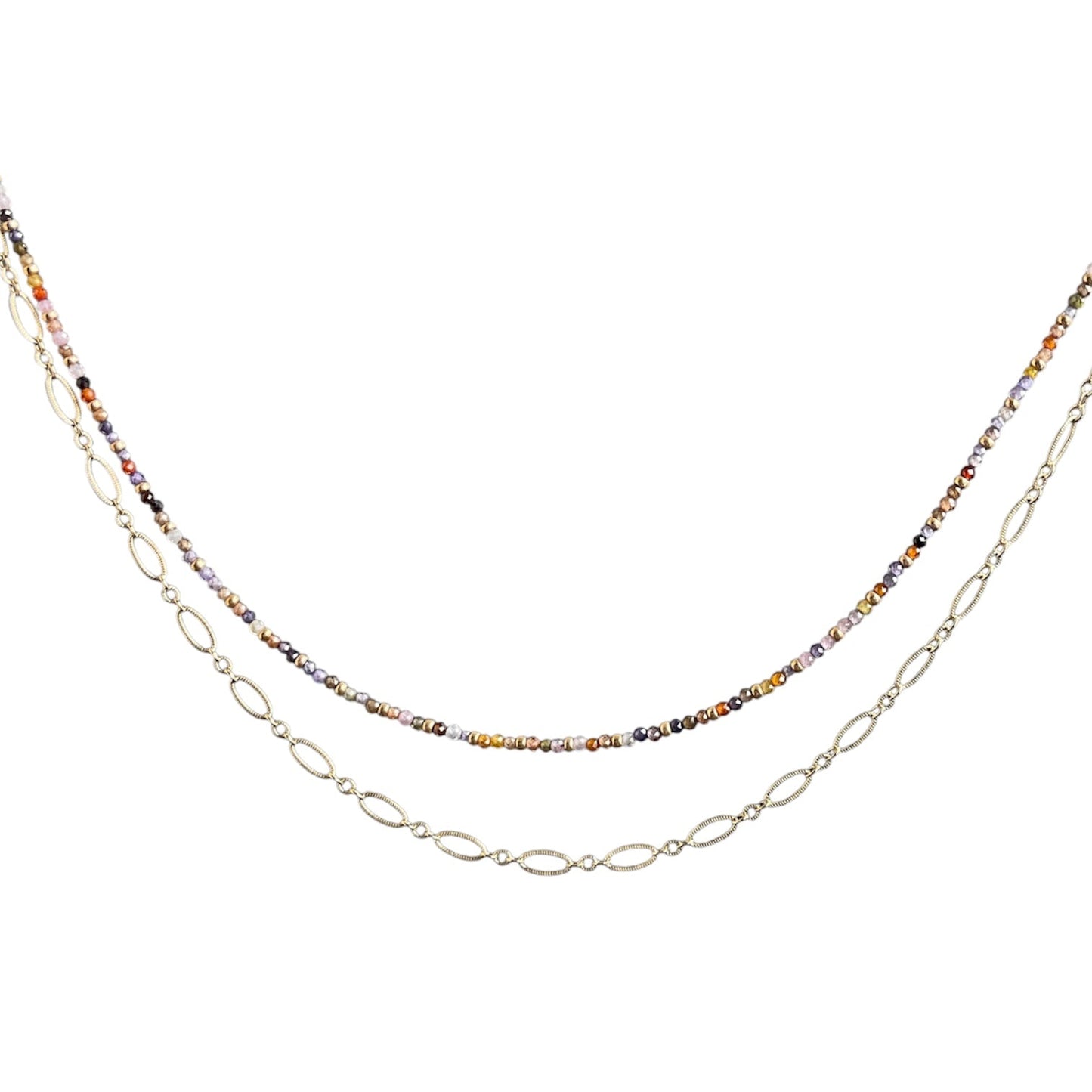 Layering necklaces on a white background, one strand with multi-color beads and the other with a chain.