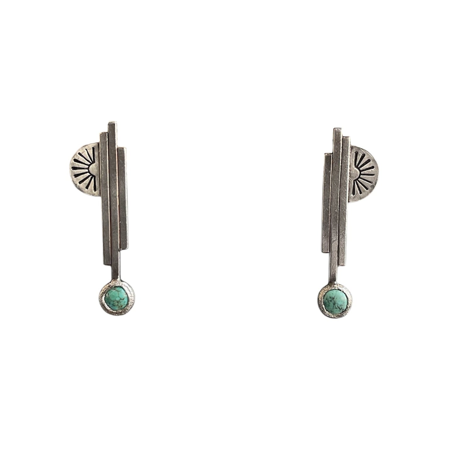 Casual chic post earrings hint at the feeling of summer with a bezel set turqouise stone and sun ray accent.