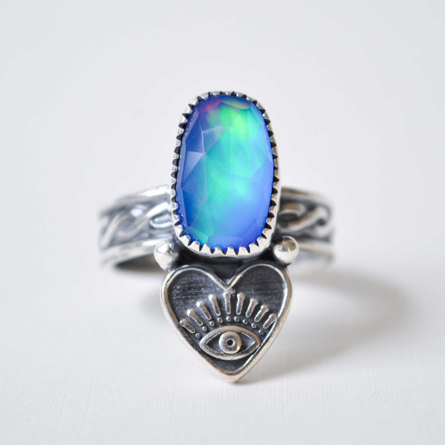 Aurora Opal Heart Eye Ring—Size 8.5