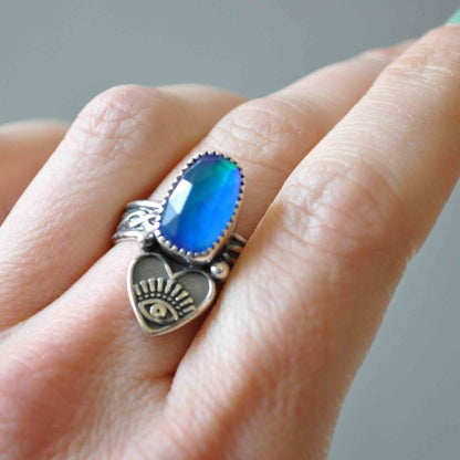 Aurora Opal Heart Eye Ring—Size 8.5