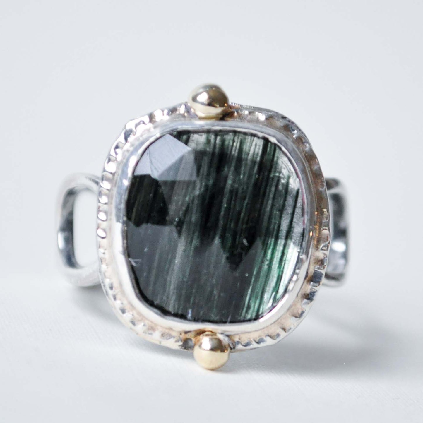 Green Rutilated Quartz Open Link Ring—Size 10
