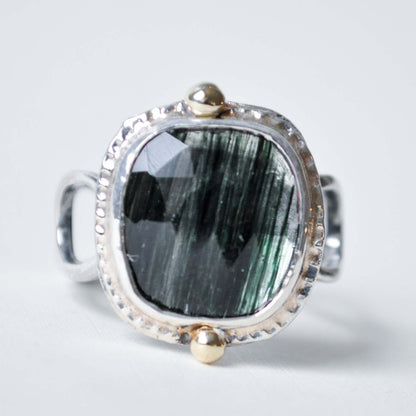 Green Rutilated Quartz Open Link Ring—Size 10