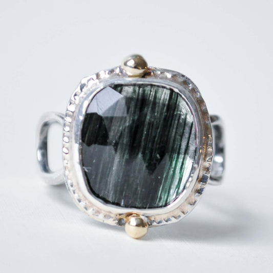 Green Rutilated Quartz Open Link Ring—Size 10