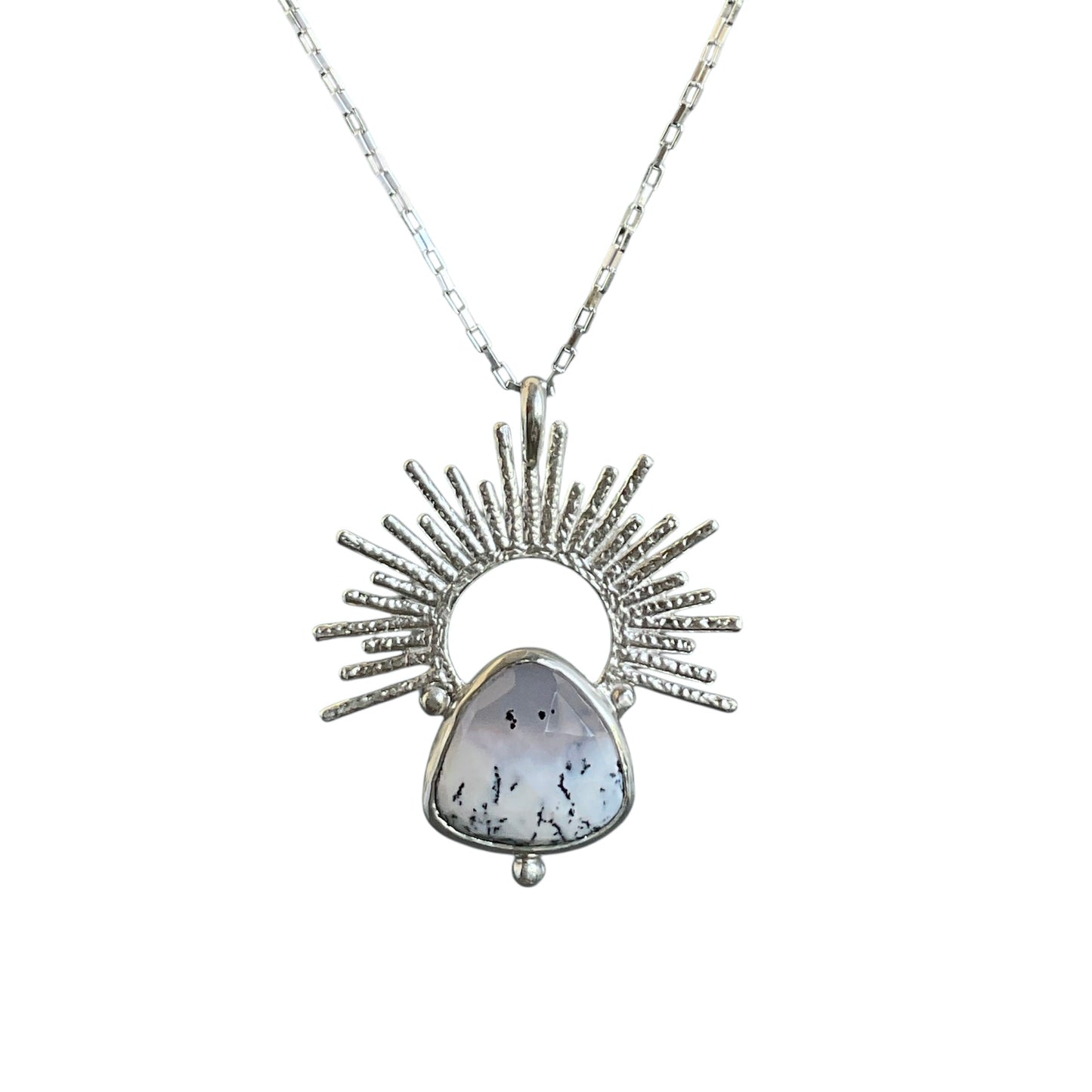 Snowy scenic dendritic opal gemstone set with a sterling silver sunrise halo