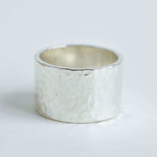 wide silver band with hammer texture