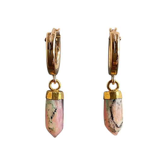 Gold filled hoop earrings with various gemstone drops hanging underneath.