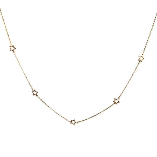 Gold necklace with star-shaped pendants on a white background