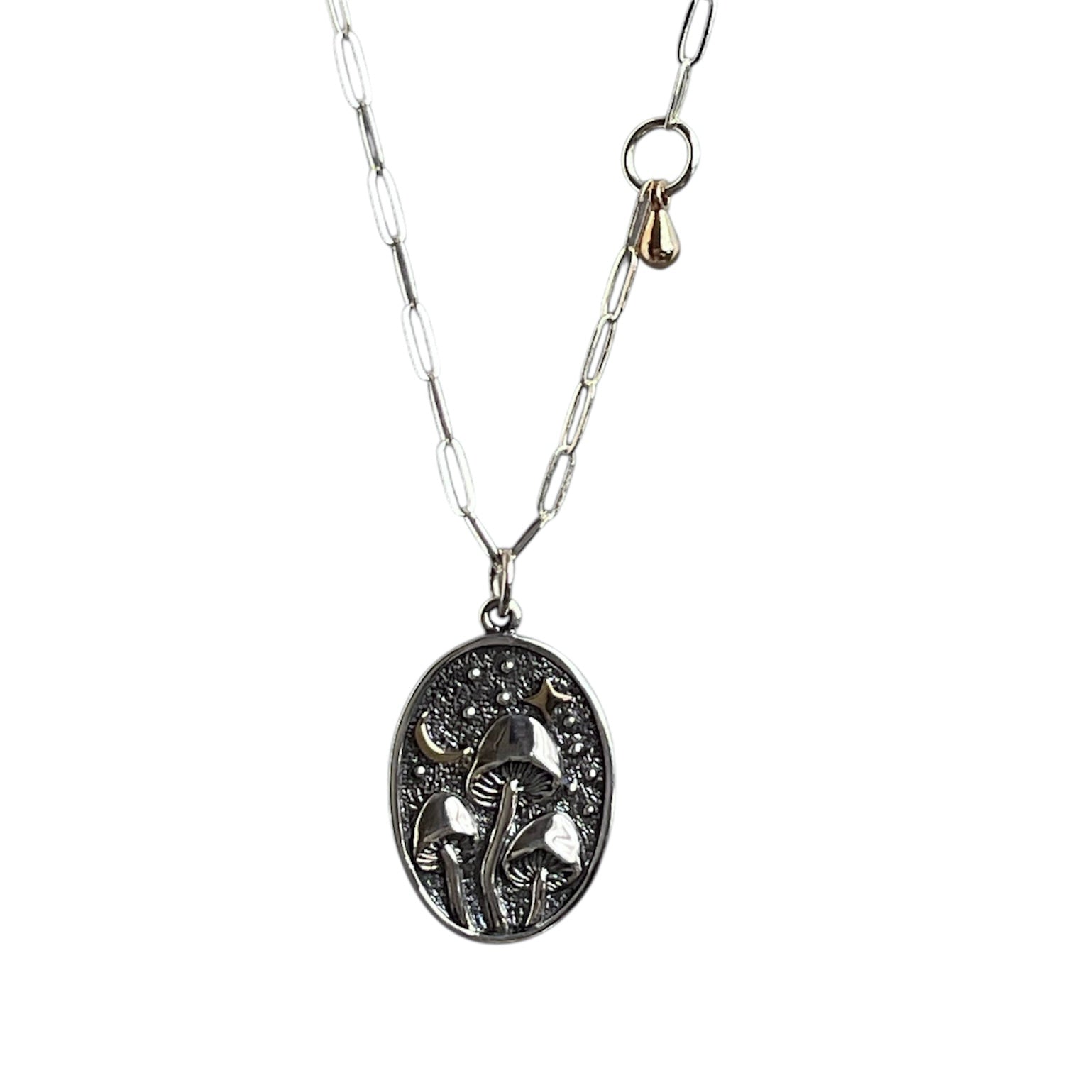 Silver necklace with an oval pendant on a white background