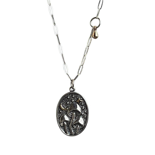 Silver necklace with an oval pendant on a white background