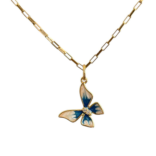 Blue enamel butterfly charm hanging from a chain
