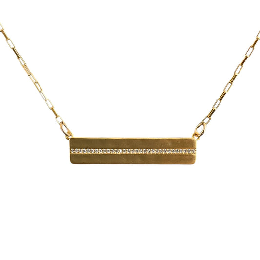 Gold bar plate with pave cubic zirconia center line on a paperclip chain.