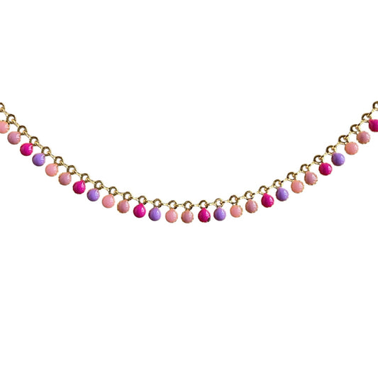 Gold plated necklace chain with enamel coin drops in pink and green. 