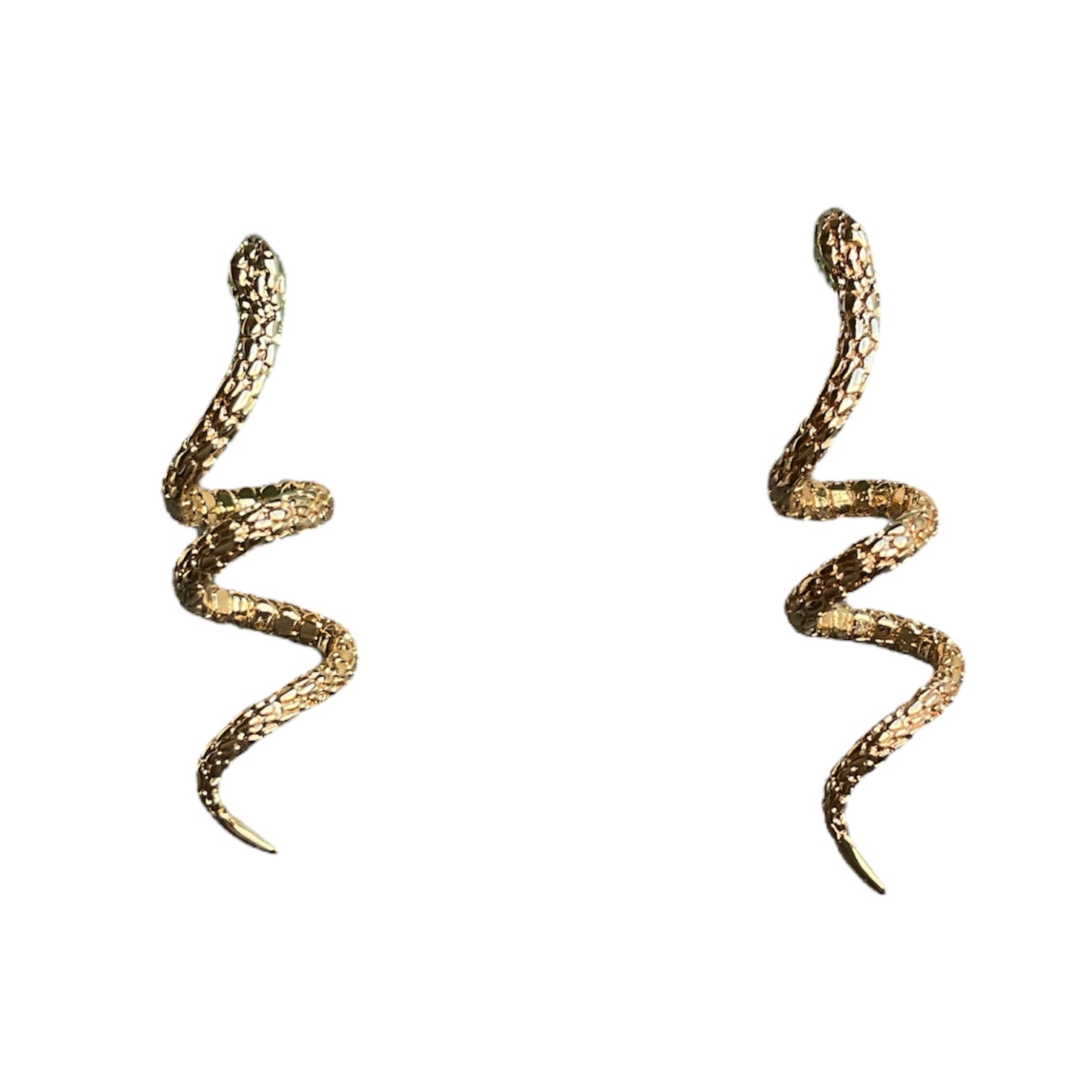 Gold snake-shaped earrings on a white background