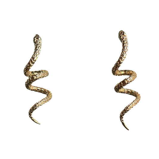 Gold snake-shaped earrings on a white background