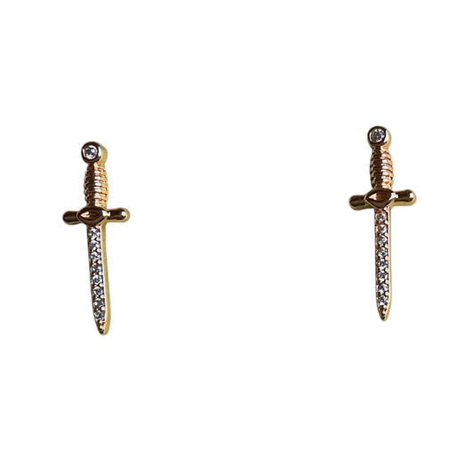Gold sword-shaped post earrings with gemstones on a white background