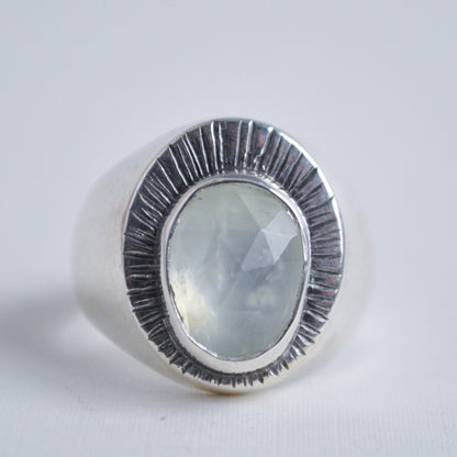 Silver ring with a central gemstone on a light gray background
