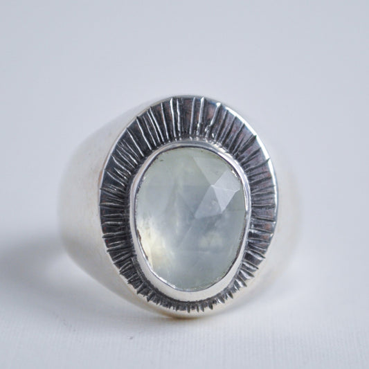 Silver ring with a central gemstone on a light gray background