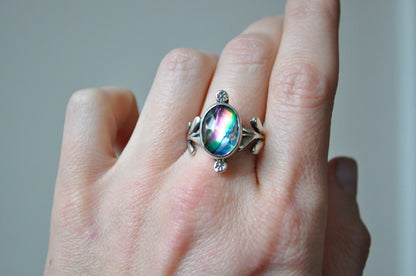 Hand wearing a ring with a colorful gemstone on a neutral background