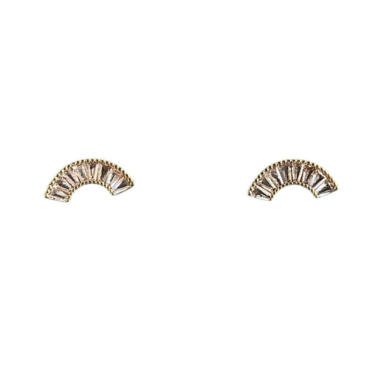 These small post earrings are glamorous and shiny with white cubic zirconia bars stacked in a a shimmering arch.