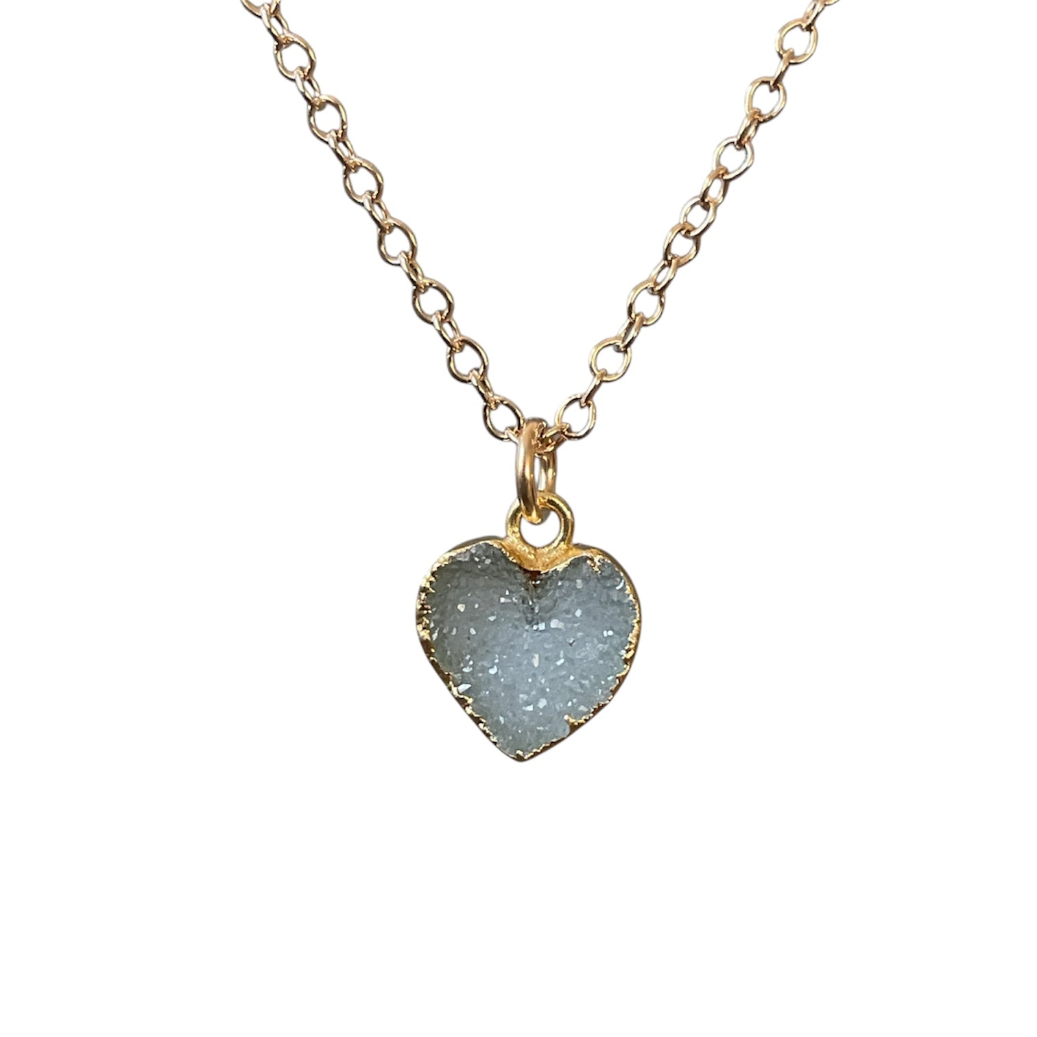 Necklace with a heart-shaped druzy pendant on a white background
