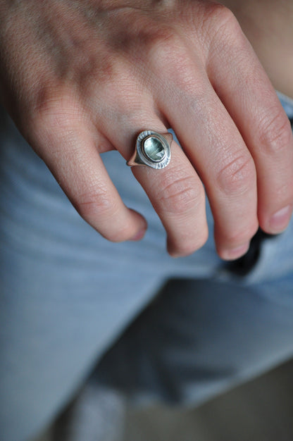 Close-up of a hand wearing a silver ring with a gemstone on a blurred background