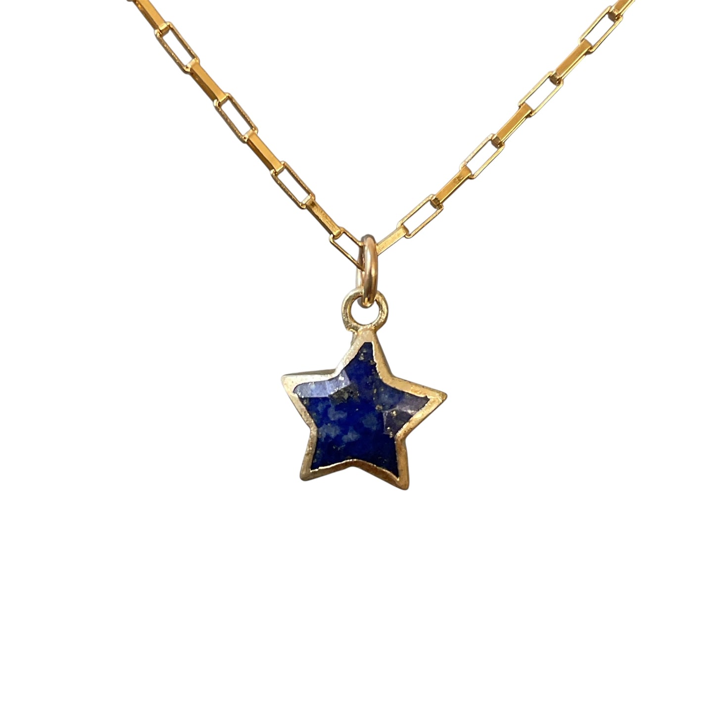 Gold necklace with a star-shaped pendant featuring a blue stone on a white background