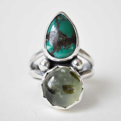 Prehnite and Turquoise Ring—Size 7.5