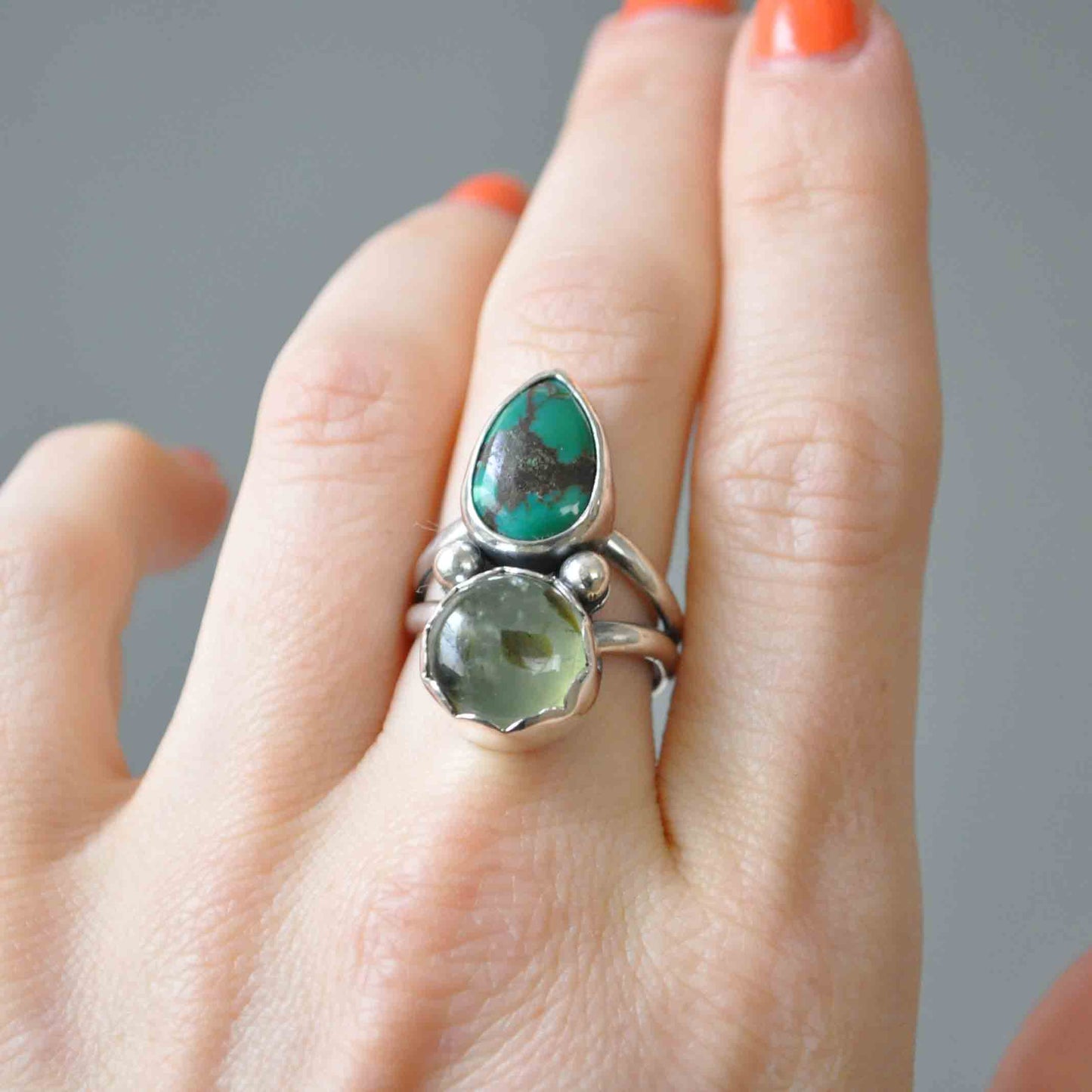Prehnite and Turquoise Ring—Size 7.5